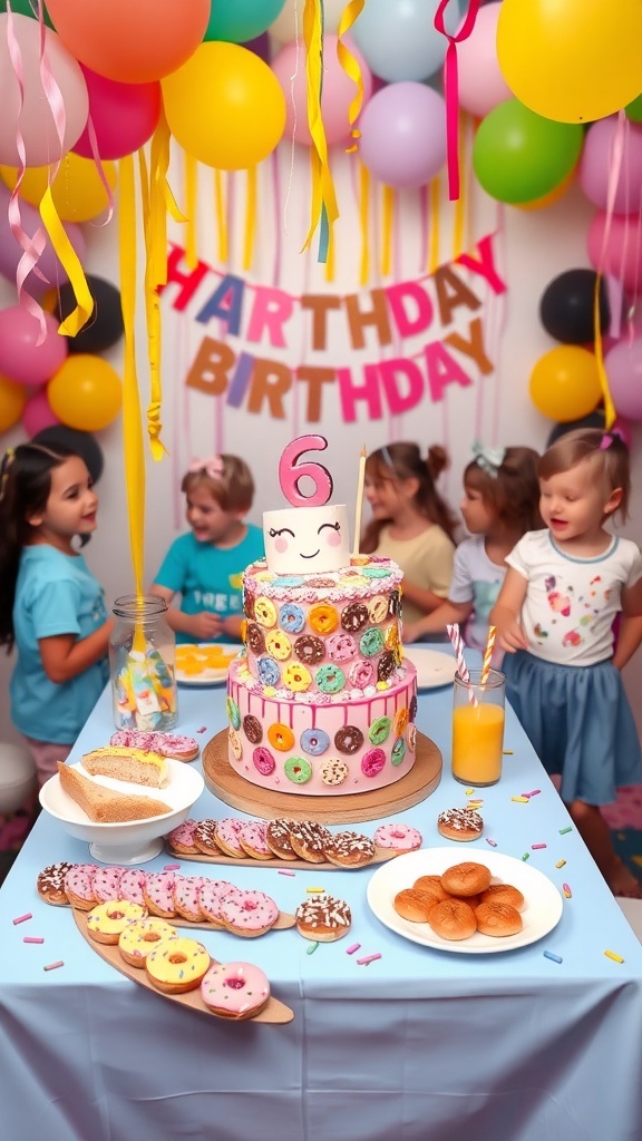 A festive donut-themed birthday party with a colorful cake and assorted donuts on a decorated table.